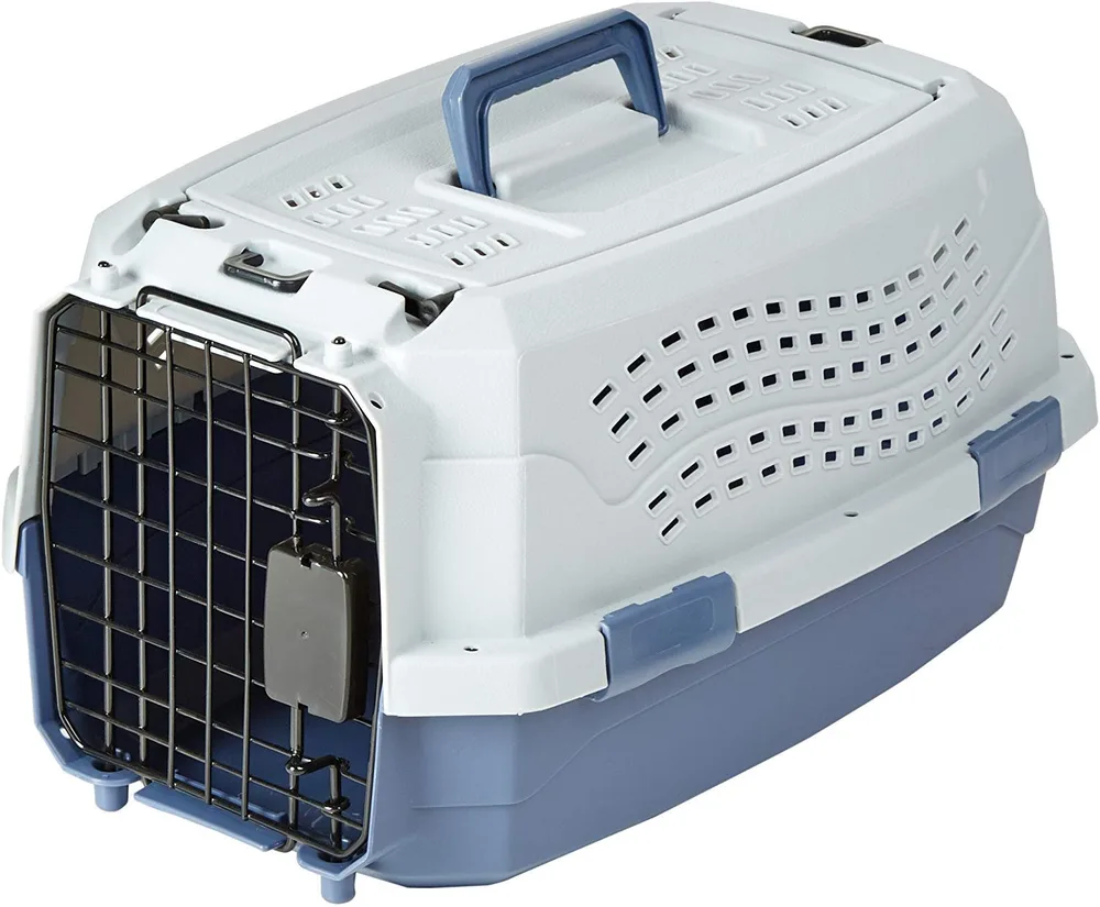 Amazon Basics Amazon Basics 2-Door Top-Load Hard-Sided Pet Travel Carrier for Cats and Small Dogs, 19" L x 12.6" W x 10" H, Gray & Blue