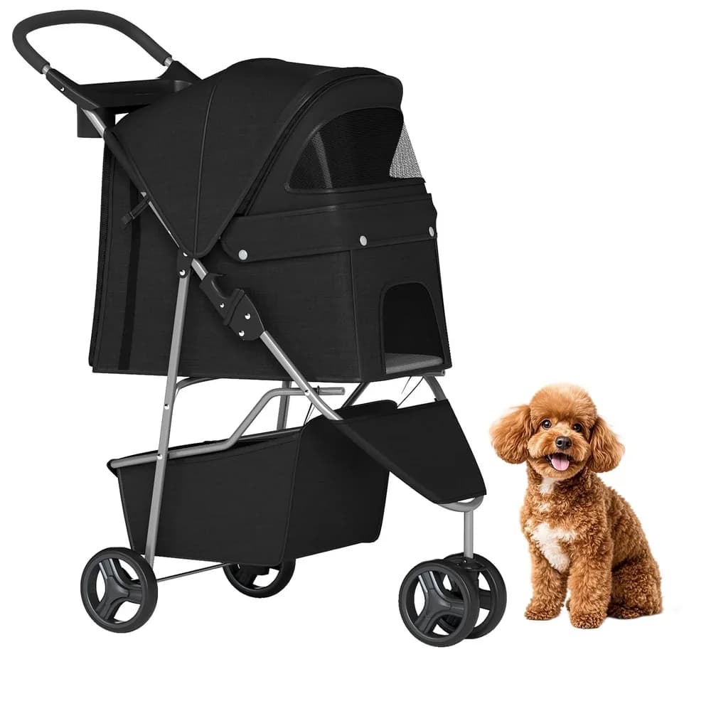 BestPet BestPet | 3-Wheel Pet Stroller | Dog and Cat Stroller | Breathable Mesh | Lightweight Travel Carrier | Waterproof & Foldable Design | Storage Basket | Black | for Daily Walks & Outdoor Use