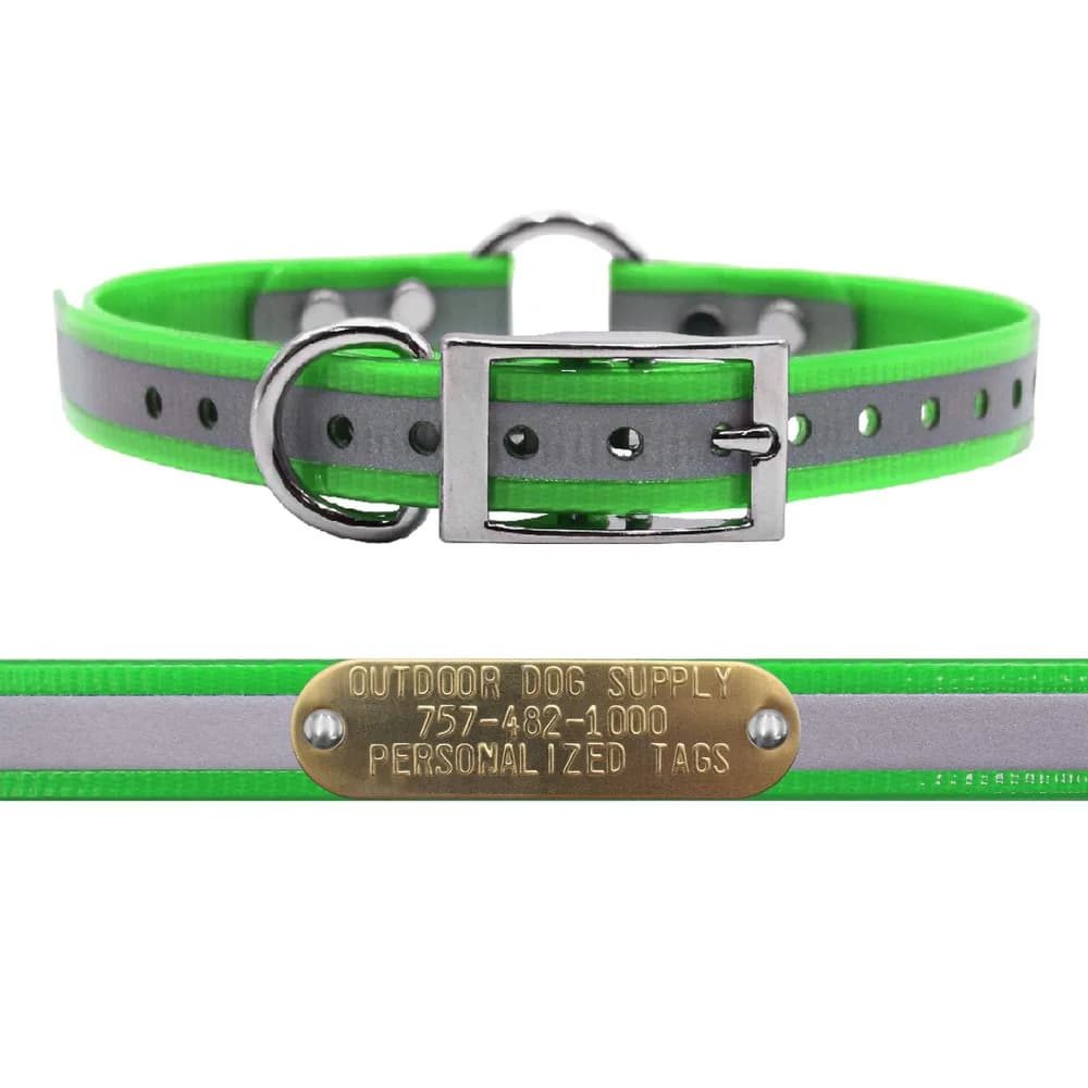 Outdoor Dog Supply Outdoor Dog Supply Personalized 3/4” Reflective Reflective Lime Waterproof D-Ring & Center O-Ring Dog Collar for Small & Medium Dogs | 3/4" Custom Brass Nameplate (18")