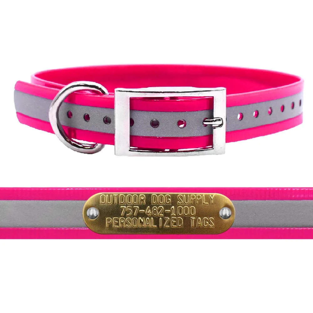 Outdoor Dog Supply Outdoor Dog Supply 1" Heavy Duty Reflective Waterproof D-Ring Dog Collar for Medium & Large Dogs with 3/4" Custom Brass Nameplate (Reflective Pink, 18")