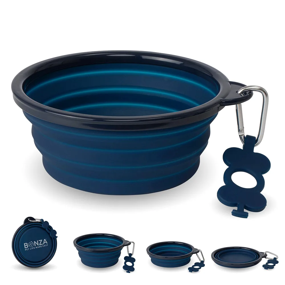 Bonza Bonza Collapsible Dog Water Bowl - BPA-Free Silicone Dog Dish - Reinforced Rim Collapsible Bowl - Carabiner Clip Travel Dishes for Pets - for Hiking, Camping & Car Trips - Large 33 Oz, Navy Blue
