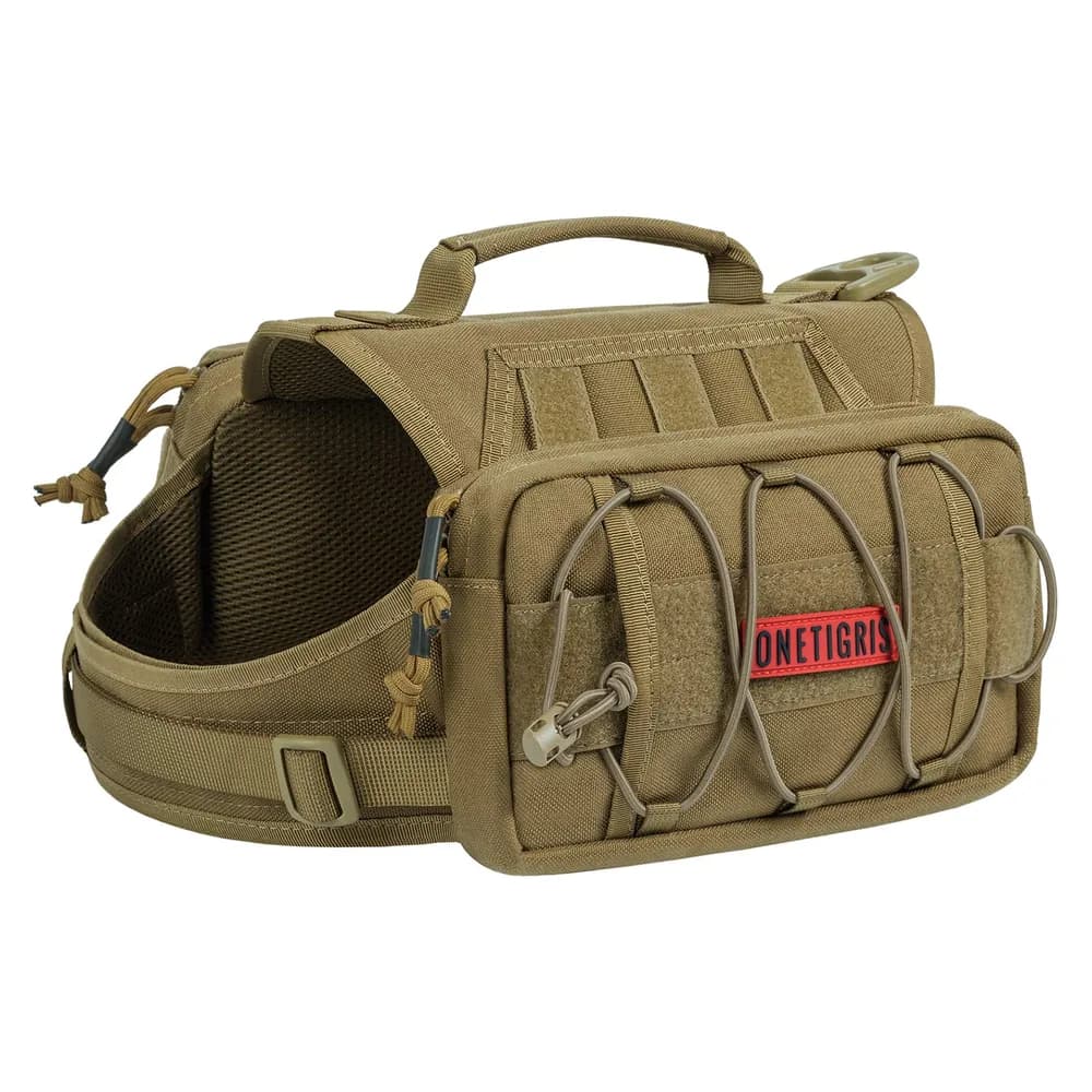 ONETIGRIS ONETIGRIS Dog Backpack for Medium & Large Dogs, Nylon Backpack for Dogs Tactical Pet Backpack with Side Pockets for Hiking Walking Training Running (Brown, Medium)