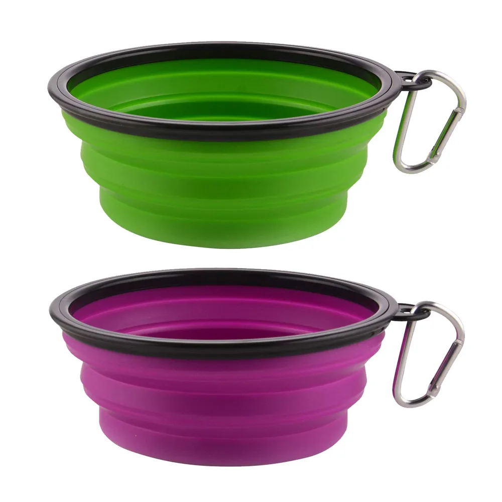 Guardians Large Collapsible Dog Bowls, 34oz Portable Foldable Travel Water Bowl Food Dishes with Carabiner Clip for Traveling, Hiking, Walking, 2 Pack (Purple+Green)
