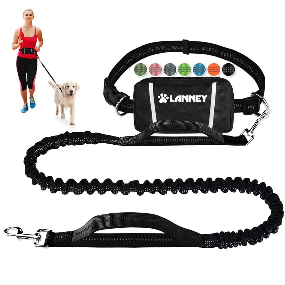 LANNEY Hands Free Dog Leash, Waist Running Leash with Zipper, Walking Pouch for Medium Large Dogs, Dual Handle and Retractable Bungee for Training Jogging Hiking
