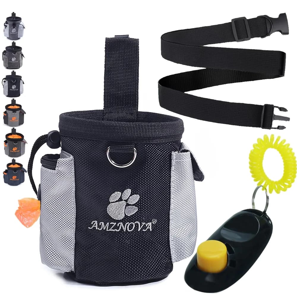 AMZNOVA AMZNOVA Treatnow Dog Treat Pouch with Waist Belt and Clicker, Three-Cup Training and Walking Bag - Black