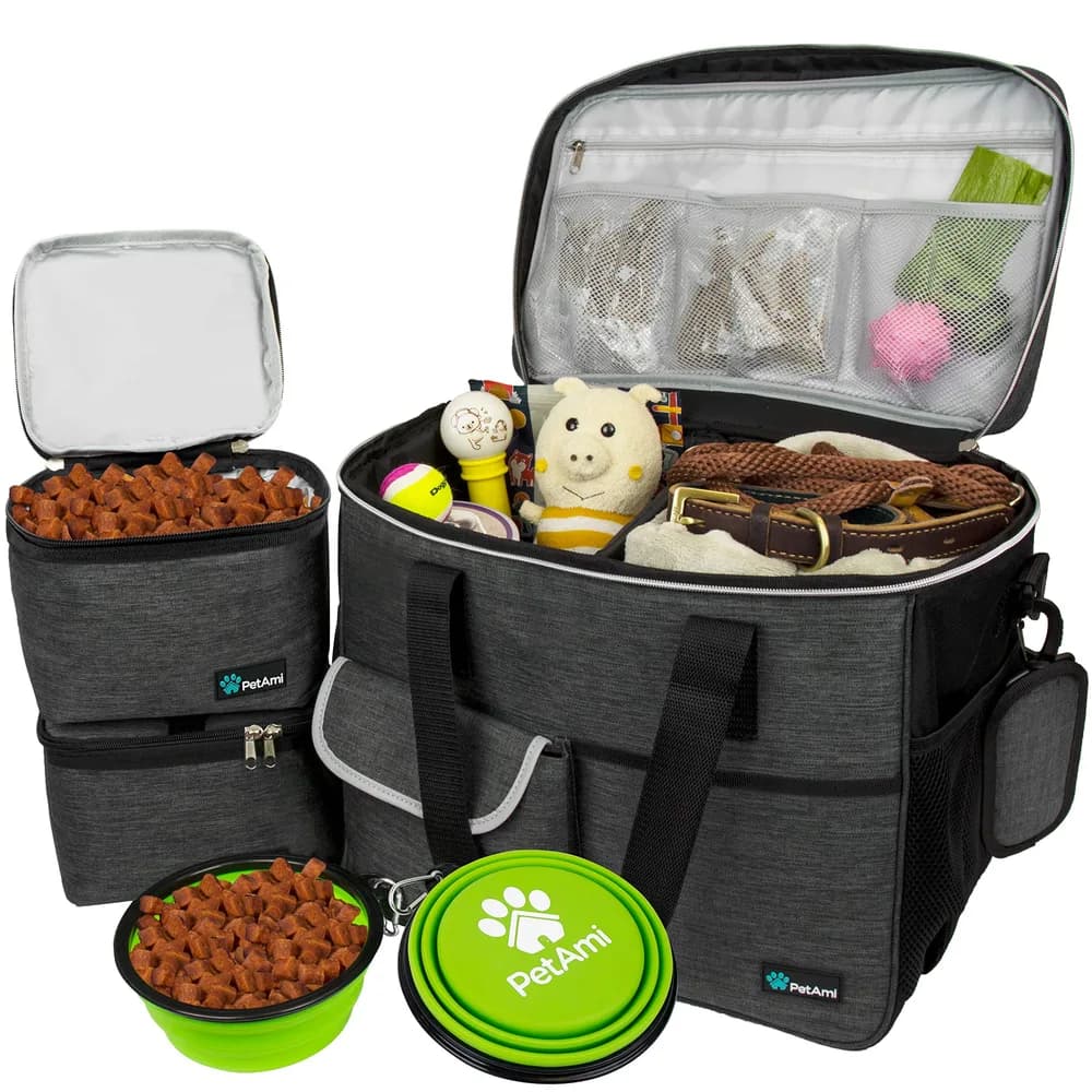 PetAmi PetAmi Dog Travel Bag Organizer, Pet Supplies Diaper Tote, Dark Gray Large | Pet Travel Kit with 2 Food Containers & 2 Collapsible Dog Bowls, Luggage Sleeve, Weekend Getaway Road Trip Camping Essentials