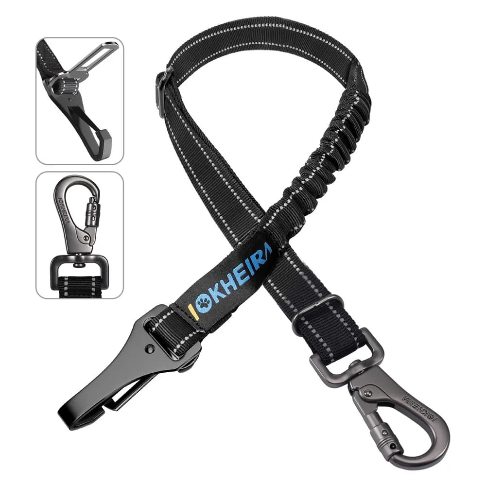 IOKHEIRA Dog Seat Belt 3-in-1 Car Harness for Dogs Adjustable Safety Seatbelt for Car Nylon Reflective Bungee Fabric Dog Car Harness with Clip Hook Latch & Buckle, Swivel Zinc Alloy Carabiner (Black)