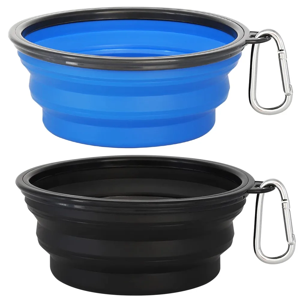 Kytely Kytely Large Collapsible Dog Bowls 2 Pack, 34oz Foldable Dog Travel Bowl, Portable Pet Water Food Bowl with Clasp, Pet Cat Feeding Cup Dish for Traveling, Walking, Hiking (Black+Blue)