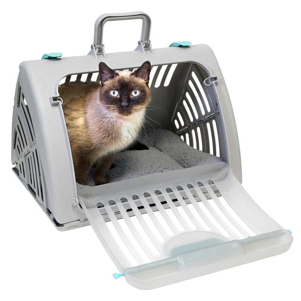 SportPet Designs SportPet Large Hard-Sided Travel Cat Carrier - Cat Carrier with Patented Wide Side-Opening Door, Foldable Portable Pet Carrier with Removable Bed for Cats & Small Pets up to 25lbs - Gray