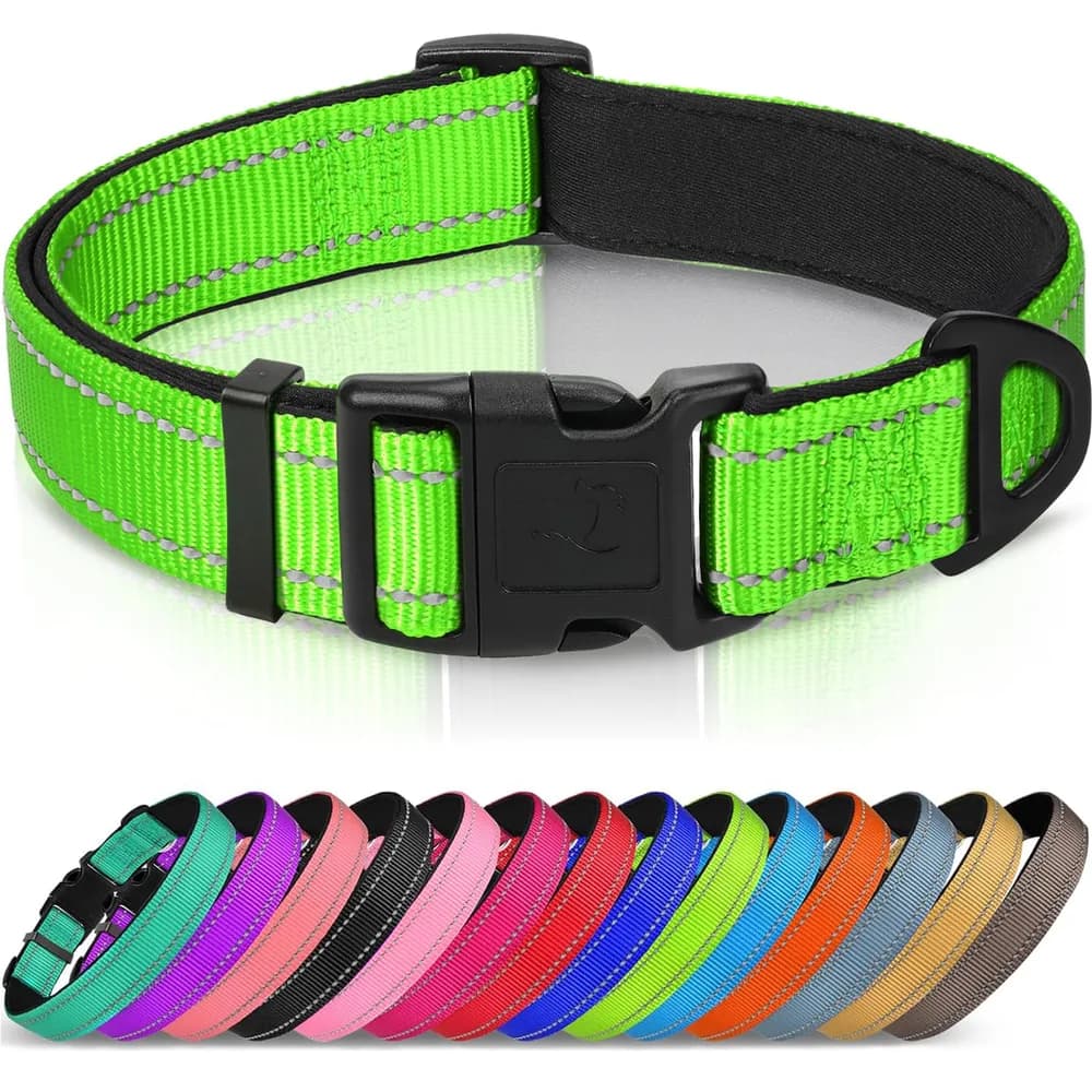 Joytale Joytale Reflective Dog Collar, Adjustable Neoprene Padded, Green L | Breathable Nylon for Large Dogs, No Chafing on Walks and Outdoor Hikes, Tear-Resistant Webbing, Metal D-Ring, Night Safety