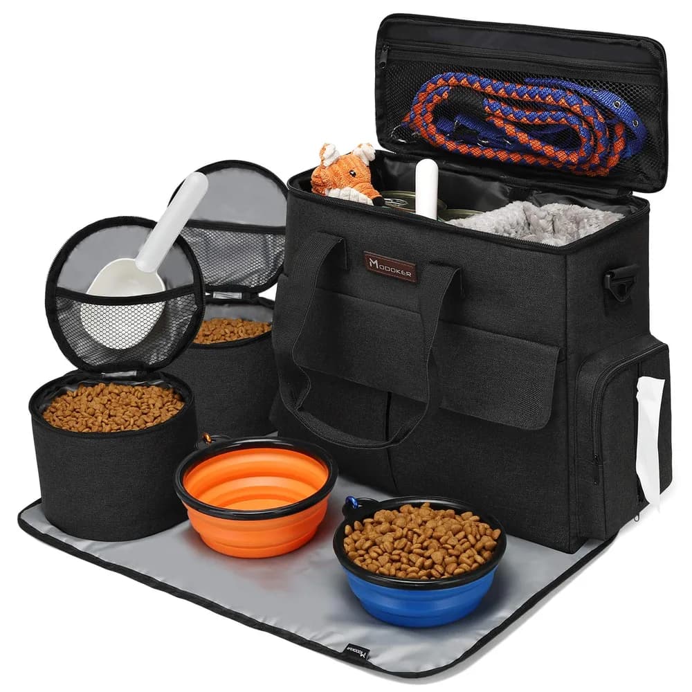 Modoker Dog Travel Bag by Modoker - Dog Travel Kit for a Weekend Away Set Includes Pet Travel Bag Organizer for Accessories, 2 Collapsible Bowls, 2 Travel Food Container (Black)