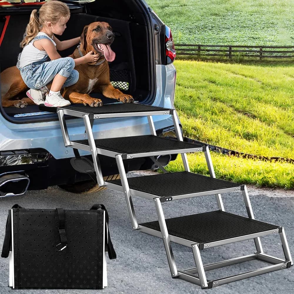 Joyrally Joyrally 4-Step Dog Stairs for Car, Large Dogs, High-Traction Mat | 20 in extra-wide aluminum frame, 200 lb capacity and foldable design for SUV and truck trunks, for senior and injured dogs