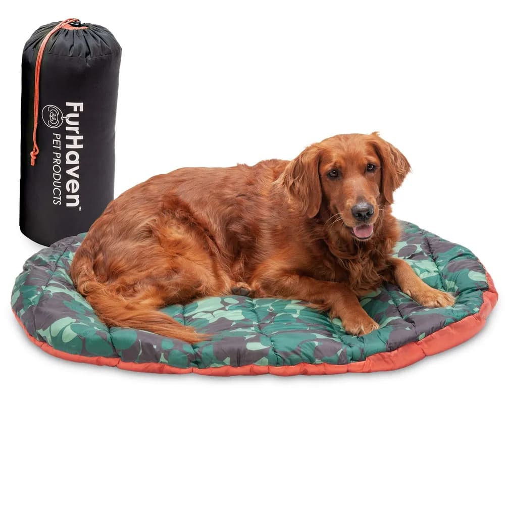 Furhaven Furhaven Outdoor Travel Dog Bed for Large/Medium Dogs w/ Carry Bag, Washable & Foldable, Great for Crates & Kennels - Trail Pup Travel Pillow Mat w/ Stuff Sack Bag - Paprika/Camo-Paw, Large