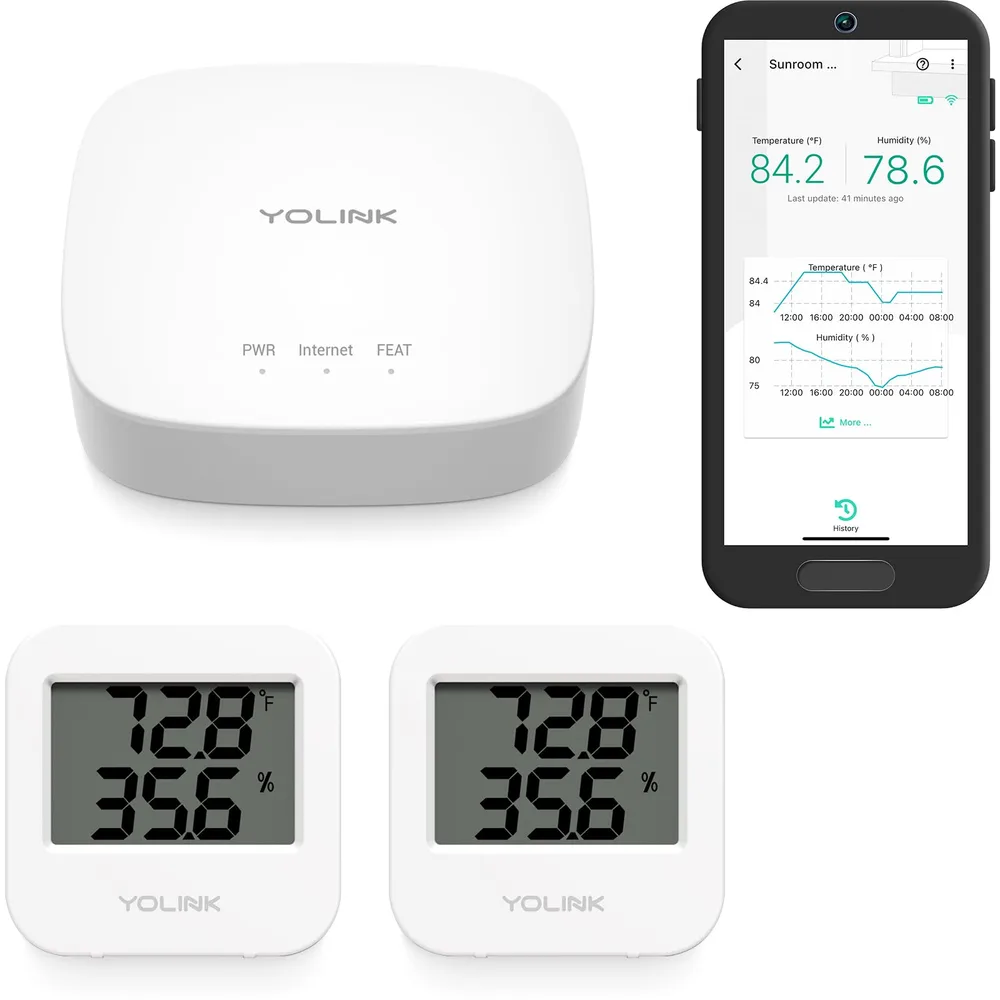 YoLink YoLink Smart Temp & Humidity Sensor, LoRa Long Range, 2 Year Battery, Indoor Monitoring for Wine Cellar, Bedroom, Nursery, Greenhouse, RV, with App, Email & SMS Alerts, Alexa IFTTT, 2 Pack + Hub