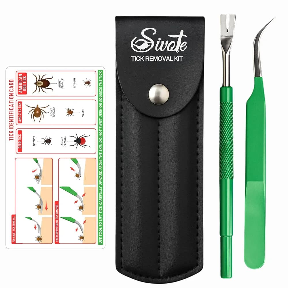 SIVOTE Premium Tick Remover Kit – Stainless Steel Tool with Case, Safe for Pets | Includes leather case, tweezers, and pocket tick ID card. Safe for humans & pets.