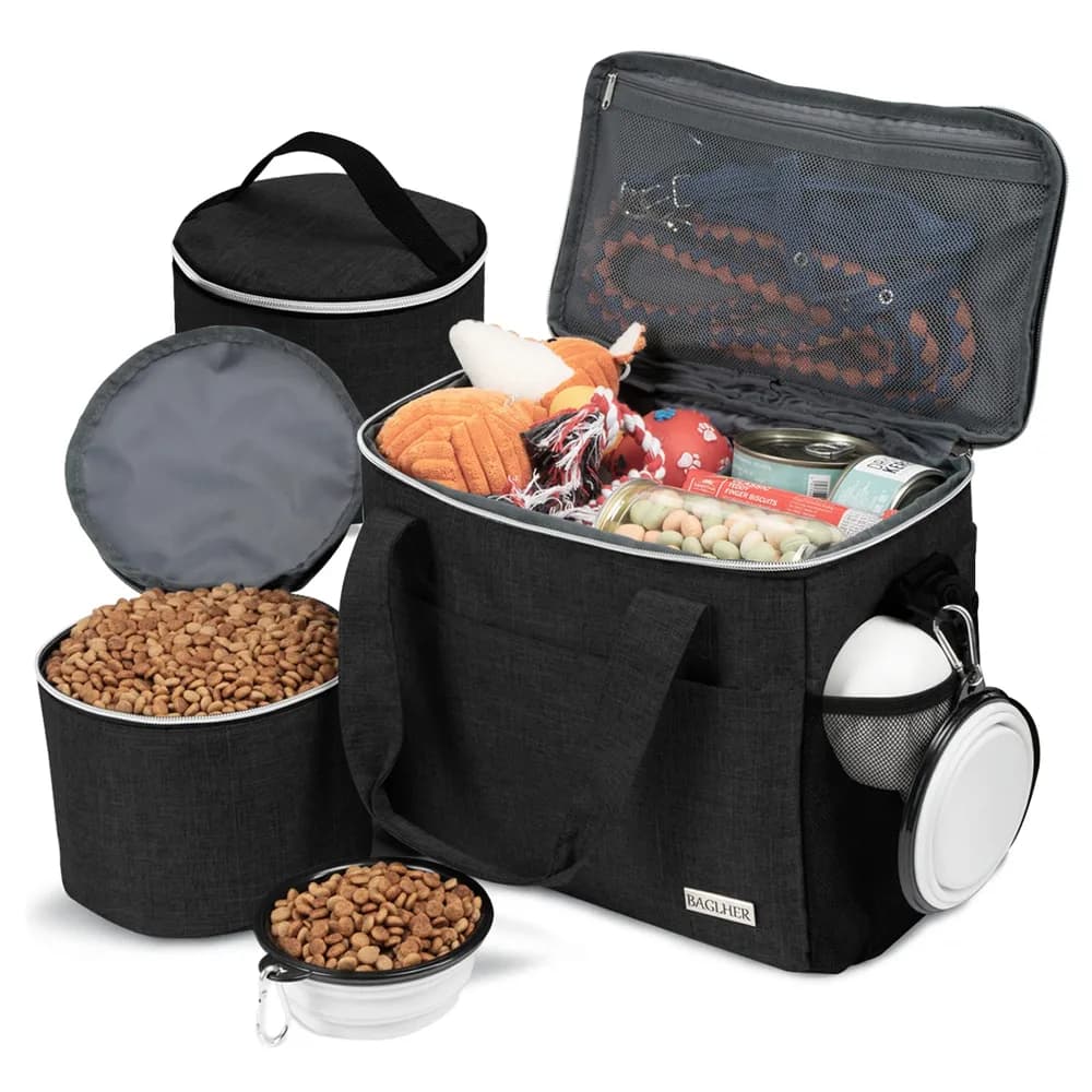 BAGLHER BAGLHER Dog Travel Bag Backpack Pet Supplies Backpack Pet Accessories Storage Bag 5-Piece Set With Shoulder Strap 2 Lined Pet Food Containers 2 Foldable Feeding Bowls Essential Kit for Pet travel