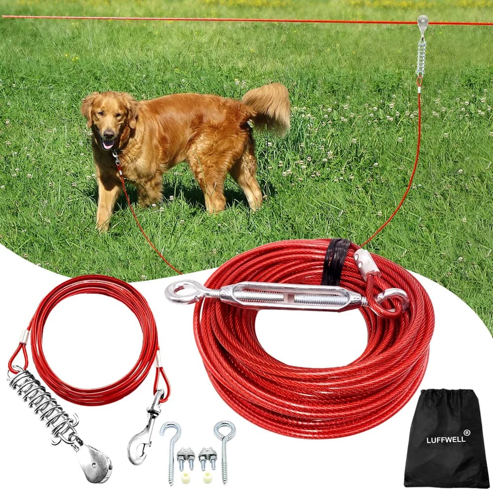 LUFFWELL 100FT Dog Runner for Yard with 15FT Tie Out Cable - Heavy Duty Trolley System for Large Dogs Up to 250LBS, Backyard/Park/Camping Use (Red, 100FT+15FT)