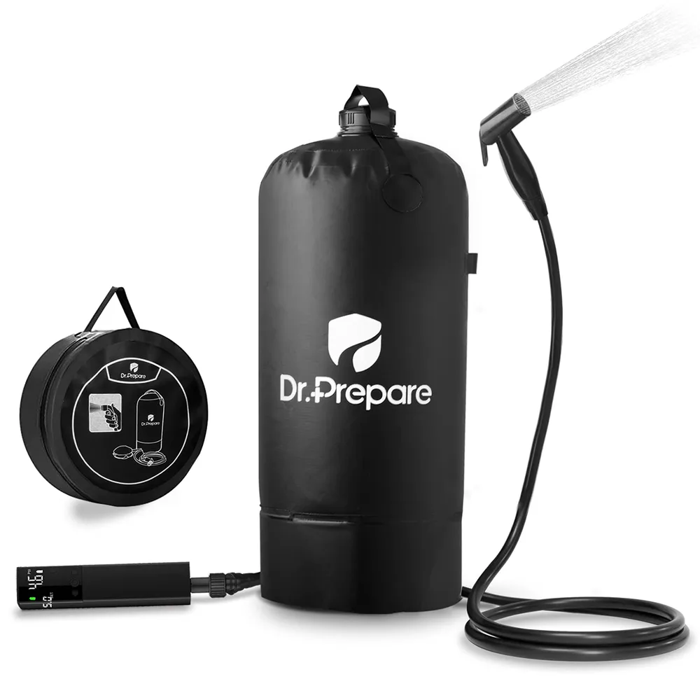 DR.PREPARE Dr. Prepare Camping Shower, 4 Gallons/15L Portable Camp Shower Bag with Upgraded Screw Lid, Water Level Window, Pressure Foot Pump, and Handy Nozzle, Solar Shower for Beach Camping Hiking Trip Electric Camping Shower