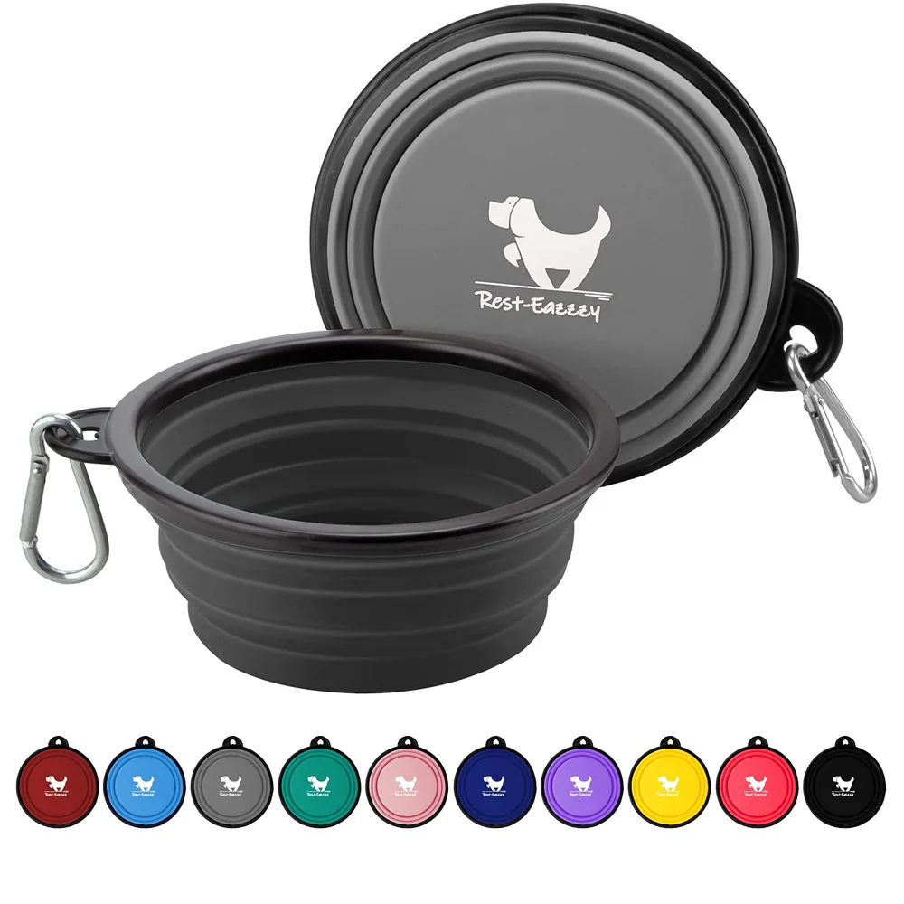 Rest-Eazzzy Collapsible Dog Bowls for Travel, 2-Pack Dog Portable Water Bowl for Dogs Cats Pet Foldable Feeding Watering Dish for Traveling Camping with Carabiners, BPA Free (Grey&Black, Small (Pack of 2))