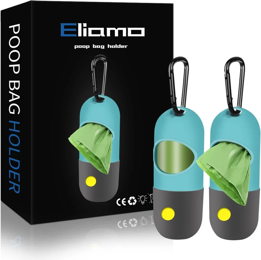 Eliamo 2 Pack Dog Poop Bag Dispenser with Built-in LED Flashlight, Pet Waste Bag Holder for Leash with Carabiner Clip for Lead Leash, 2 Rolls Leak-proof Doggy Waste Bags for Dog Walking, Blue,Eliamo