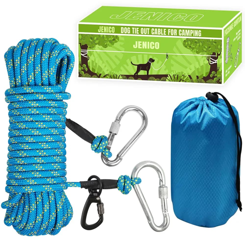 jenico Dog Tie Out Cable for Camping - 50ft/70ft/100ft Portable Reflective Overhead Trolley System for Dogs up to 300lbs - Dog Lead for Yard Camping | Parks | Outdoor Events Blue