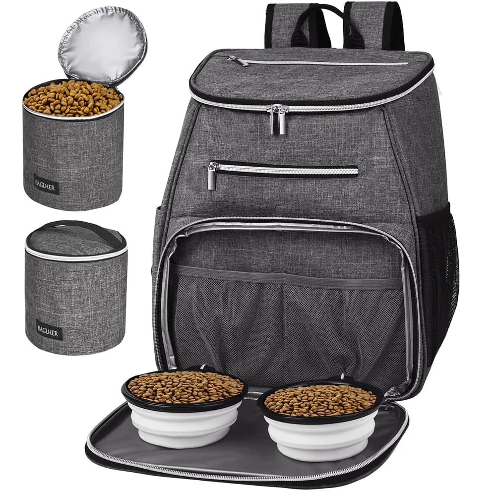 BAGLHER BAGLHER 丨Dog Travel Bag Backpack, Airline Approved Pet Supplies Backpack, Dog Travel Backpack with 2 Silicone Collapsible Bowls and 2 Food Baskets Grey