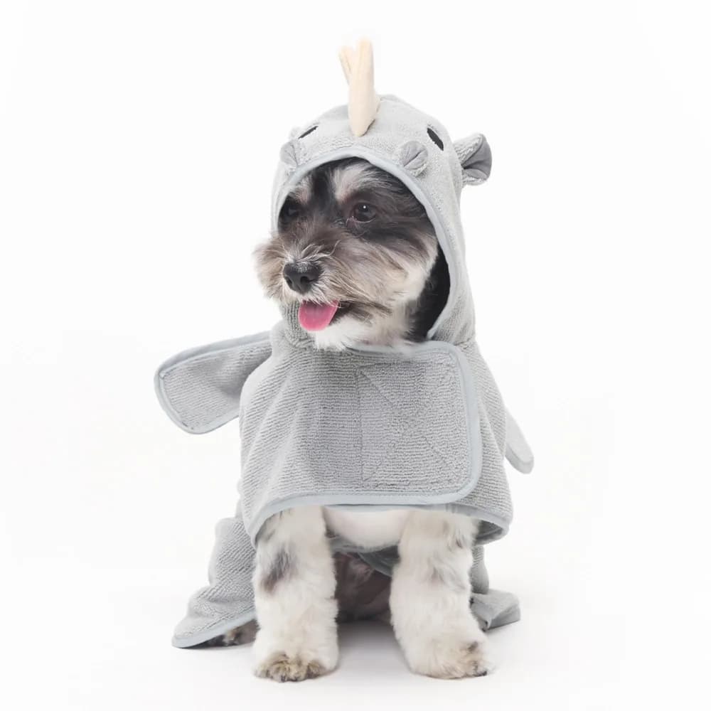 BarkBox Barkbox Dog Bathrobe Fast Drying with Hook and Loop Closure & Wrap Tie Snuggle, Cute Dogs Clothes, Easy to Clean, Machine Washable, Dog Coats for Small Dogs, Tumble Dry Low - Rhino, Small