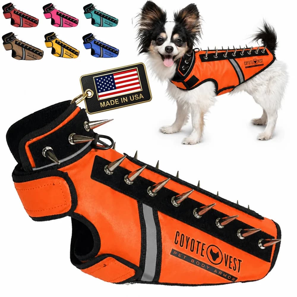 CoyoteVest CoyoteVest SpikeVest Dog Harness | Stab-Resistant Protective Vest | Coyote Vest for Dogs | Defends Against Coyotes, Dogs, Birds of Prey | Reflective Safety, Made in USA (XS-Fluorescent Orange)