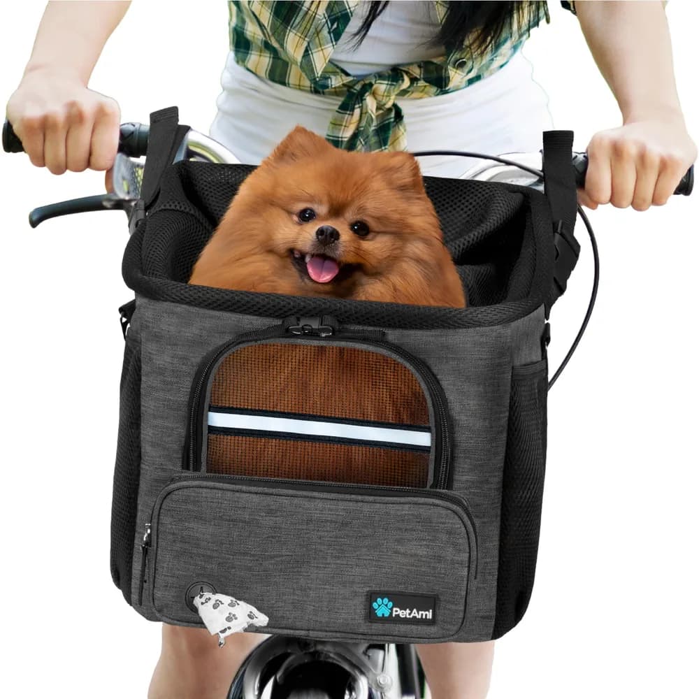 PetAmi PetAmi Dog Bike Basket, Soft-Sided Ventilated Dog Bike Carrier Backpack, Pet Bicycle Basket for Bike Handlebar, Small Medium Puppy Cat Kitten Car Booster Seat with Safety Strap, Max 18 lbs, Dark Gray