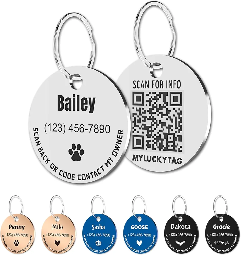 MYLUCKYTAG MYLUCKYTAG Personalized Stainless Steel QR Code Pet ID, Dog and Cat Collar Tag with Online Profile and Scanned Location Alert Email
