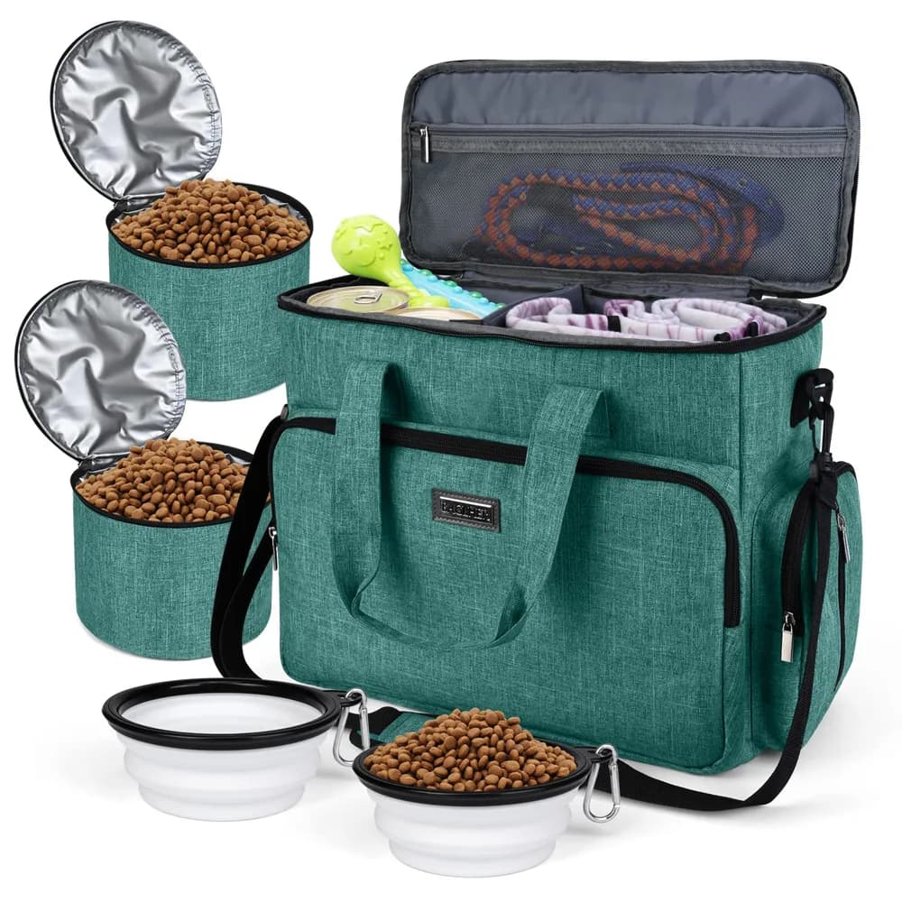 BAGLHER BAGLHER Dog Travel Bag, Airline Approved Pet Tote Organizer with Multi-Function Pockets, 2 X Food Storage Containers and 2 X Collapsible Bowls, Perfect Weekend Pet Travel Set for Dog, Cat Green
