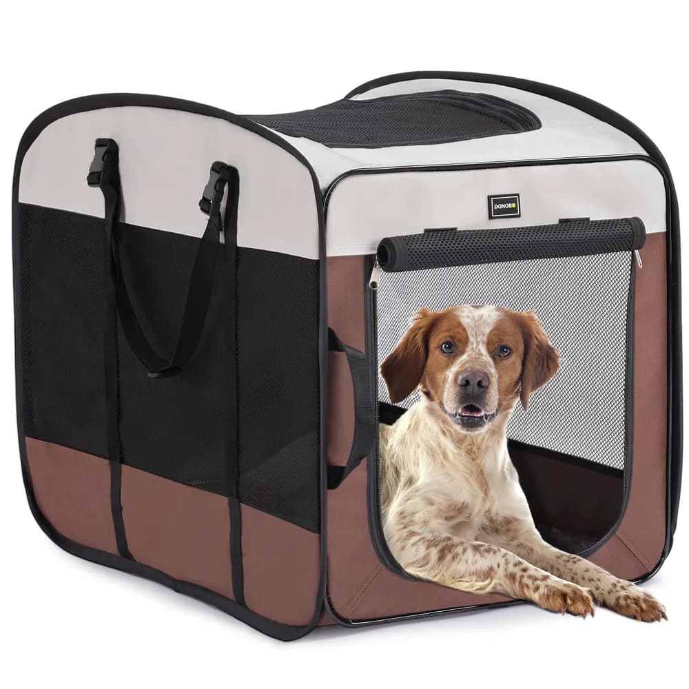 DONORO DONORO Dog Kennels and Crates for Medium Dogs, Portable Pop Up Indoor Pet Cage with Sturdy Wire Frame, Collapsible Travel Crate Soft Sided Cat Bag Escape Proof (Brown, 28.0" L x 18.0" W x 22.0" H)