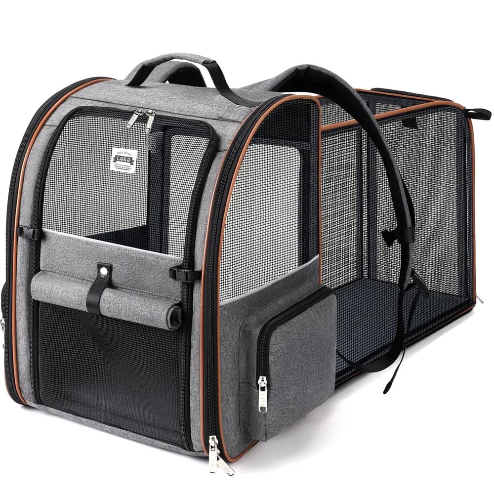 Lekebobor Cat Carrier Backpack, Expandable Pet Carrier with Sun Shade & Full Front Opening, Breathable Mesh Backpack for Small Dogs & Medium Cats Up to 18 Lbs, Foldable for Hiking, Camping (Grey)