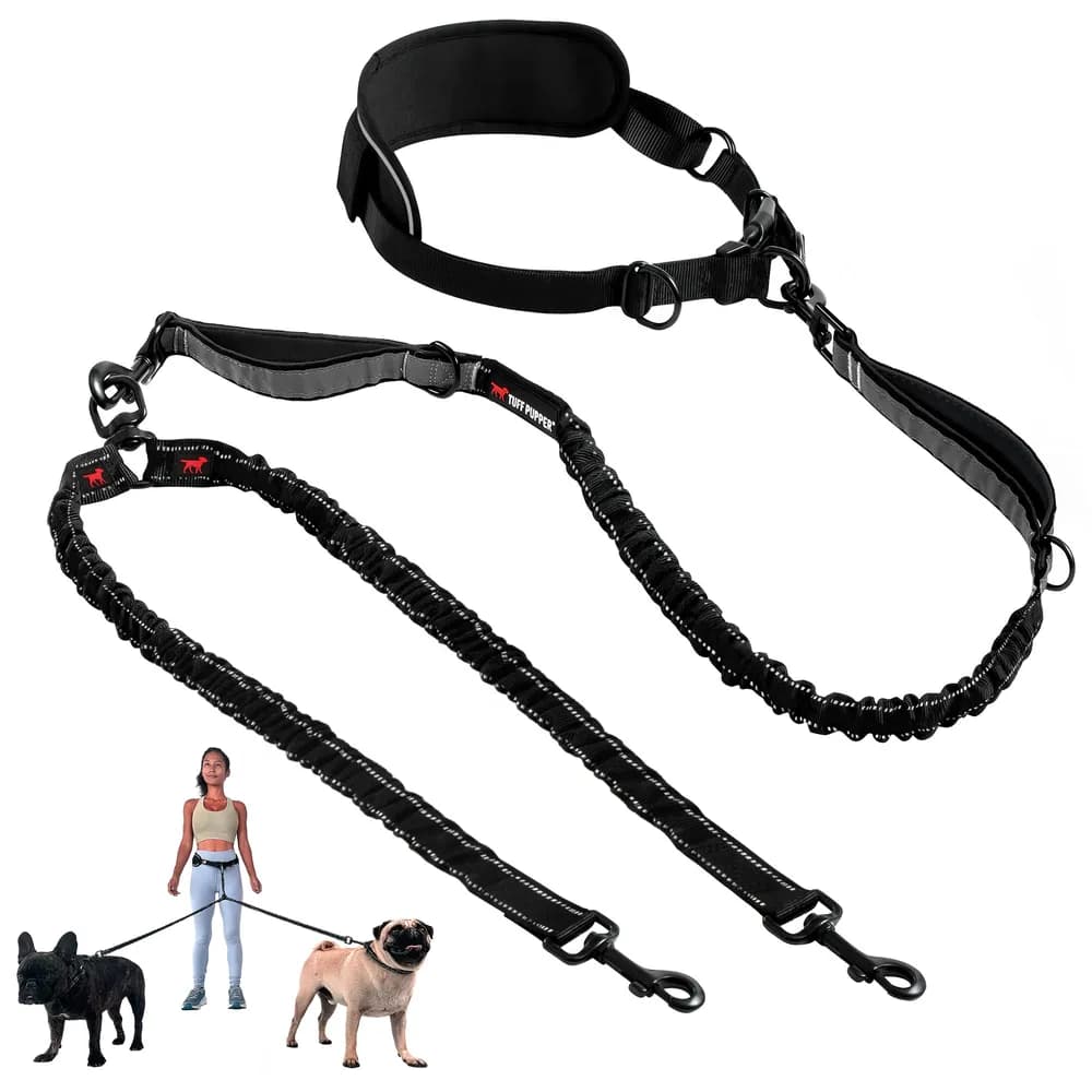 Tuff Pupper Tuff Pupper Heavy Duty Hands Free Dog Leash | Two Small/Medium Dogs Up to 90 lbs | Comfortable Shock Absorbing Bungee | Reflective Padded Handles | Lumbar Waist Belt 28-50" | Jogging Running Leash