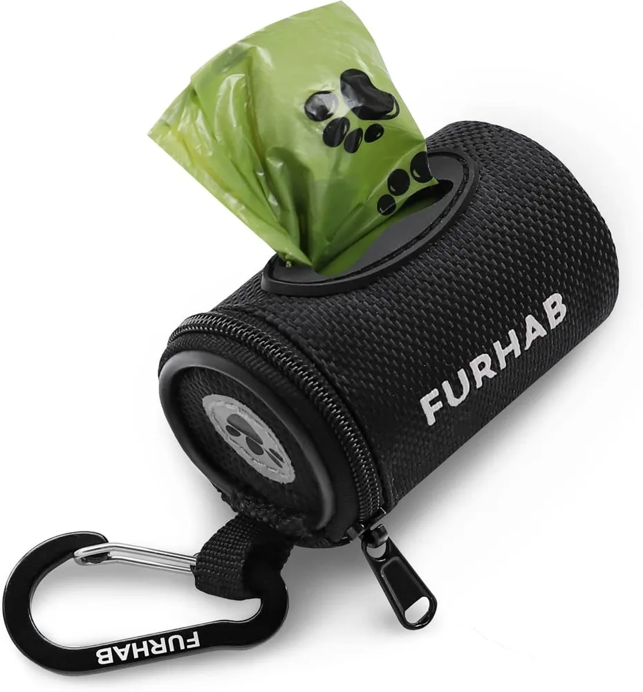 FURHAB FURHAB Dog Poop Bag Holder for Leash Doggie Waste Bag Dispenser Soft Fabric Puppy Potty Carrier Small Doggy Zipper Pouch with Carabiner Clip with 1 Roll of Pet Trash Bags, Black