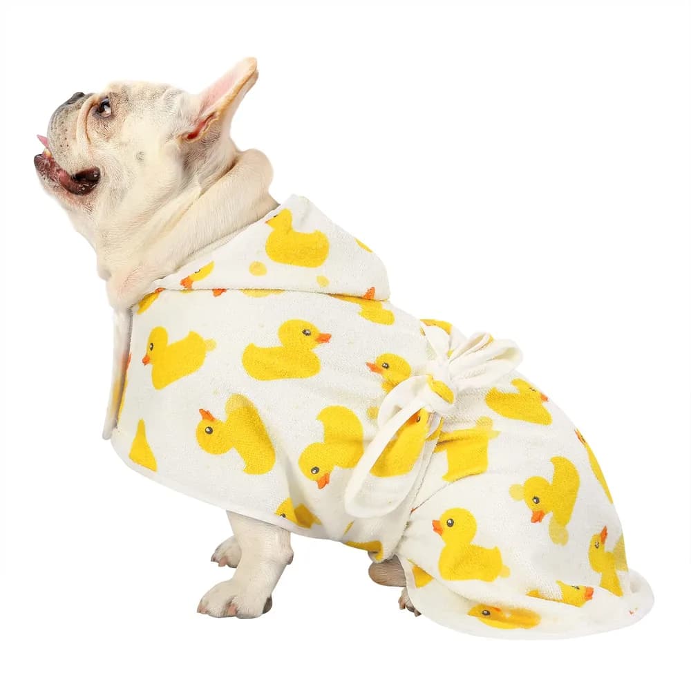 HDE HDE Dog Bathrobe Super Absorbent Quick Drying Puppy Towel Wrap Coat Adjustable After Bath Robes with Hood for Dog Sizes S-XXL White Rubber Ducks S