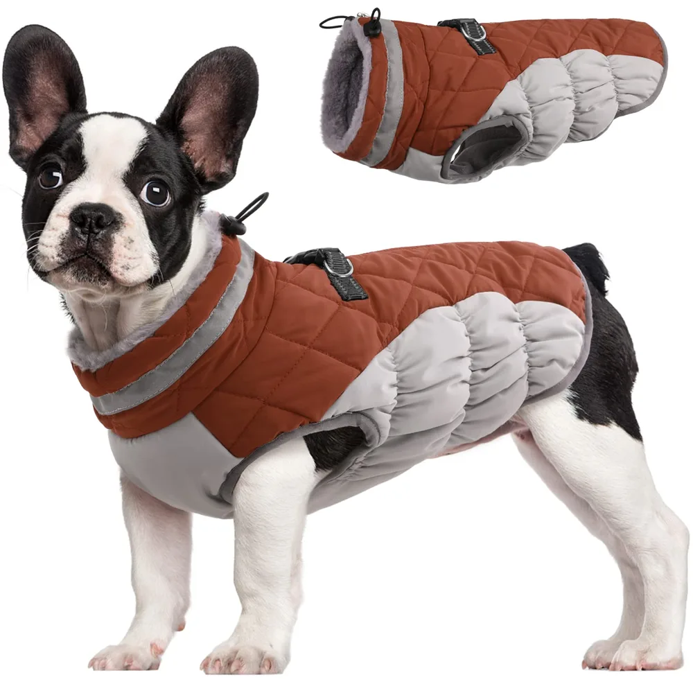 FUAMEY FUAMEY Dog Coat for Small Dogs, Fleece Dog Winter Jacket with Harness | Puppy Cold Weather Coats Reflective Pet Puffer Vest with Zipper Water-Resistant Warm Dogs Snowsuit Windproof Brown S