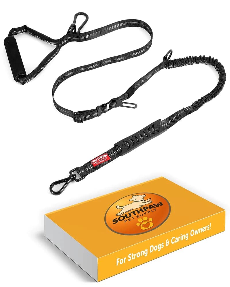South Paw Pet Supply Shock Absorbing Tactical Bungee Dog Leash 4-7 ft. for Large Dogs with Seatbelt Buckle and Comfortable Padded Handle, Highly Reflective Extendable Heavy Duty Stretch Leash for Dog Owners (Black)