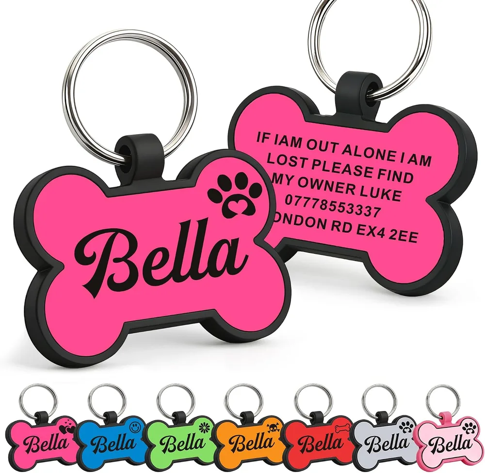 EDSG EDSG Personalized Silicone Dog Tag, Silent Custom Dog ID Tag Engraved with Any Text, Pink Bone