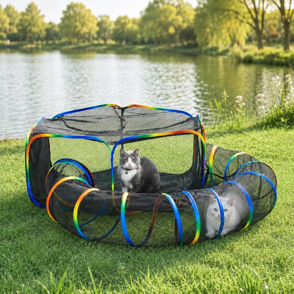 LUCKITTY Portable Cat Enclosure - 2-in-1 Outdoor Catio with Tent & Tunnel, Foldable Playpen for Indoor Cats, Includes Storage Bag for Cats & Small Animals Rainbow Color