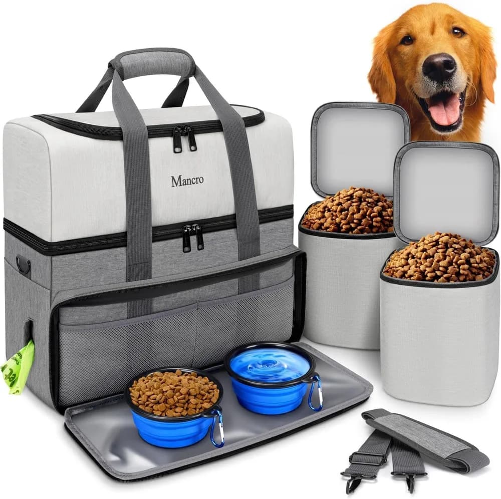 Mancro Mancro Dual Layers Dog Travel Bag, Dog Mom Gifts, Road Trip Essentials | Pet Travel Bags with 2 Extra Large Food Containers, 2 Collapsible Dog Bowls, Multi-Pockets Tote Organizer for Pet Supplies
