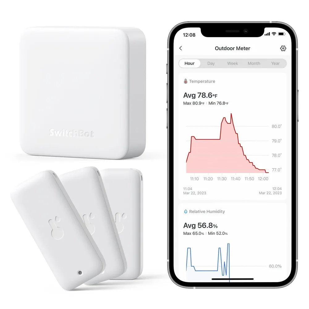 SwitchBot SwitchBot WiFi Thermometer Hygrometer 3 Pack with Hub Mini, IP65 Indoor Outdoor Thermometer Wireless, Humidity/Temperature/Dewpoint/VPD/Absolute Humidity Sensor with Smart Alerts, Works with Alexa
