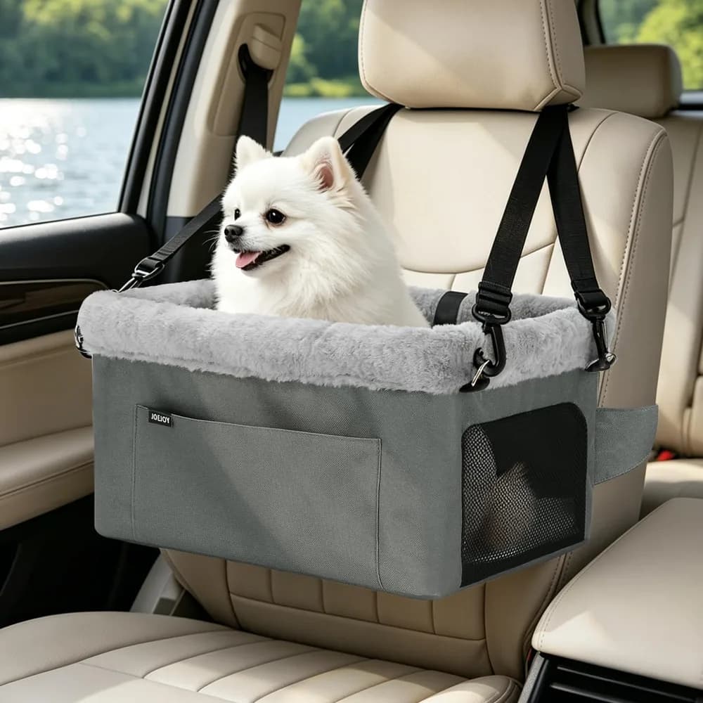 JOEJOY JOEJOY Deluxe Dog Booster Seat with Sturdy Metal Frame and Safety Leash for Small Pets up to 20 lbs - Portable Puppy Dog Car Seat with Thick Cushion and Storage Pockets for Small Dogs