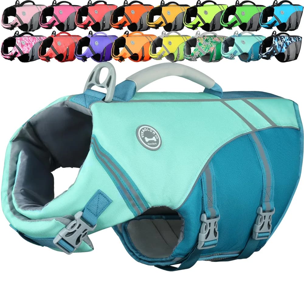 VIVAGLORY VIVAGLORY Dog Life Vest Sports Style Dog Swim Vest, L, Cyan | Lifejacket with Leash Ring & Handle for Swimming & Boating, Reflective Adjustable for Puppy Doggy Cat