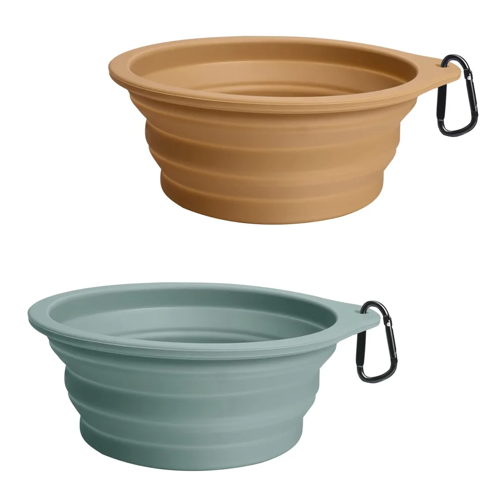 PetBonus PetBonus 2-Pack Silicone Collapsible Dog Bowls, BPA Free Dishwasher Safe, Portable Foldable Expandable Travel Bowl, Food Water Feeding Cup Dish for Dogs Cats with 2 Carabiners (Turquoise, Tan)