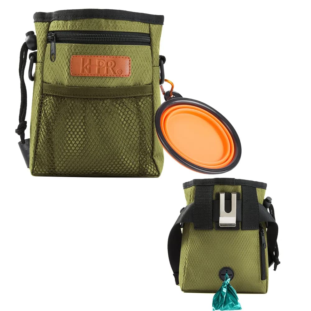 KHPR KHPR Dog Treat Training Pouch with Built-in Poop Bag Dispenser, Three Ways to Wear, and Foldable Silicone Bowl - Army Green