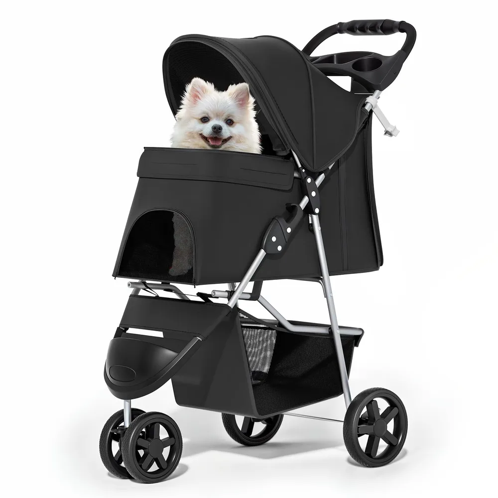 MoNiBloom MoNiBloom Foldable Pet Stroller with Weather Cover, 3 Wheels Pet Strolling Cart for Small/Medium Dogs and Cats with Storage Basket and Cup Holder, Breathable and Visible Mesh for All-Season, Black