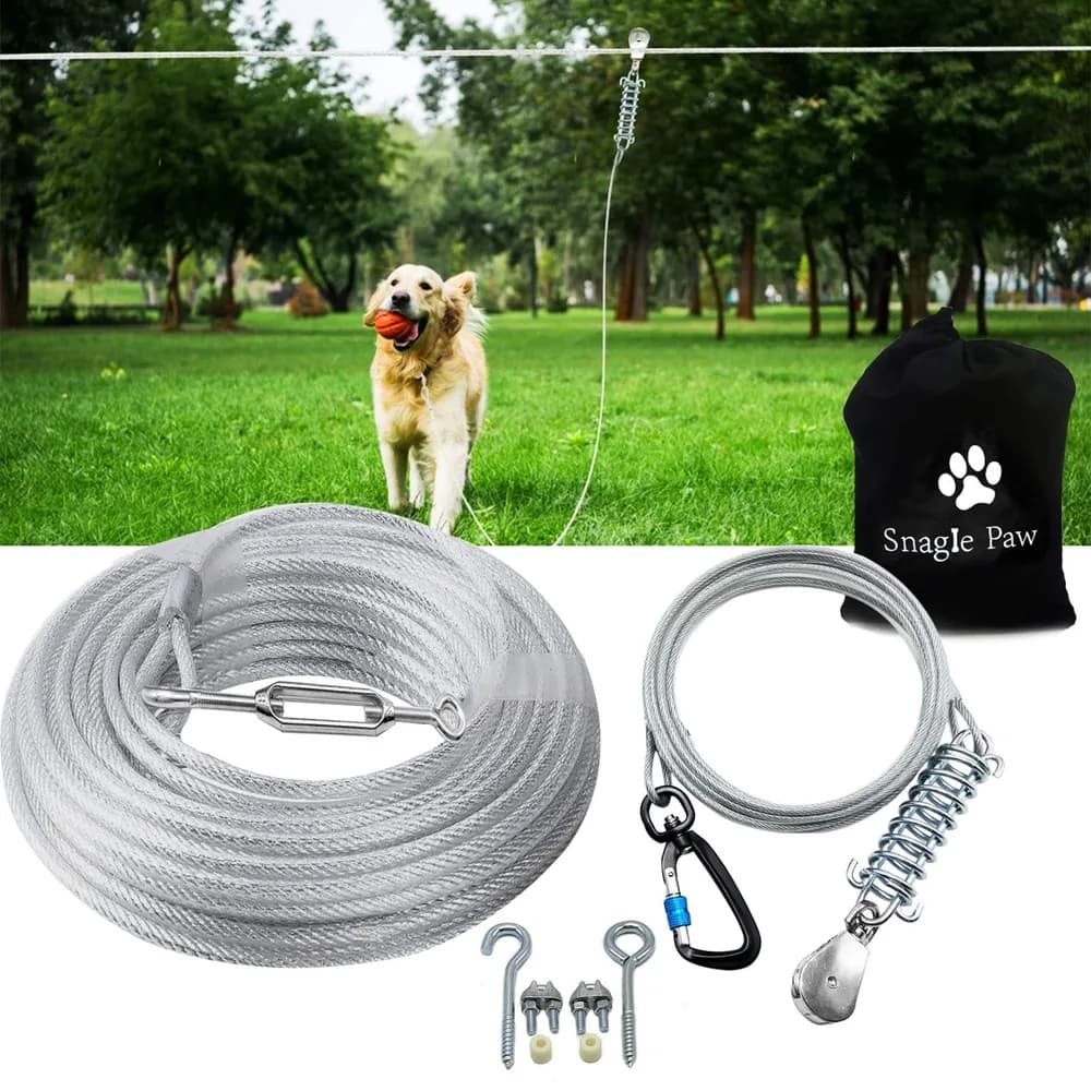 Snagle Paw Dog Tie Out Runner for Yard,Trolley System for Large Dogs,Heavy Duty Dog Run Cable Lead 50ft with 10ft Pulley Runner Line for Small Medium and Large Dogs Up to 250lbs Running Outside Yard or Camping