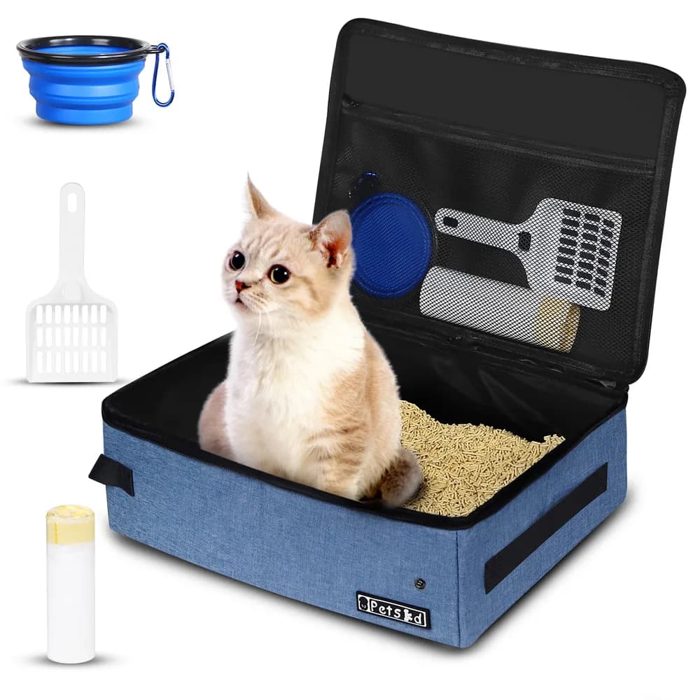 Petskd Petskd Portable Cat Travel Litter Box with Lid and 10 pcs Disposable Liner Bags, Leak-Proof and Collapsible, Cat Travel Essentials for Car, Hotel, Airplane and Other Outdoor Use(Blue)