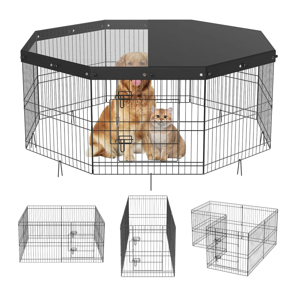 VEVOR VEVOR Foldable Metal Dog Exercise Pen, Pet Puppy Playpen Yard Fence with Top Cover & Door, Indoor Outdoor 8 Panels 24" W x 24" H Dogs Crate Kennel with Ground Stakes for Small & Medium Dogs